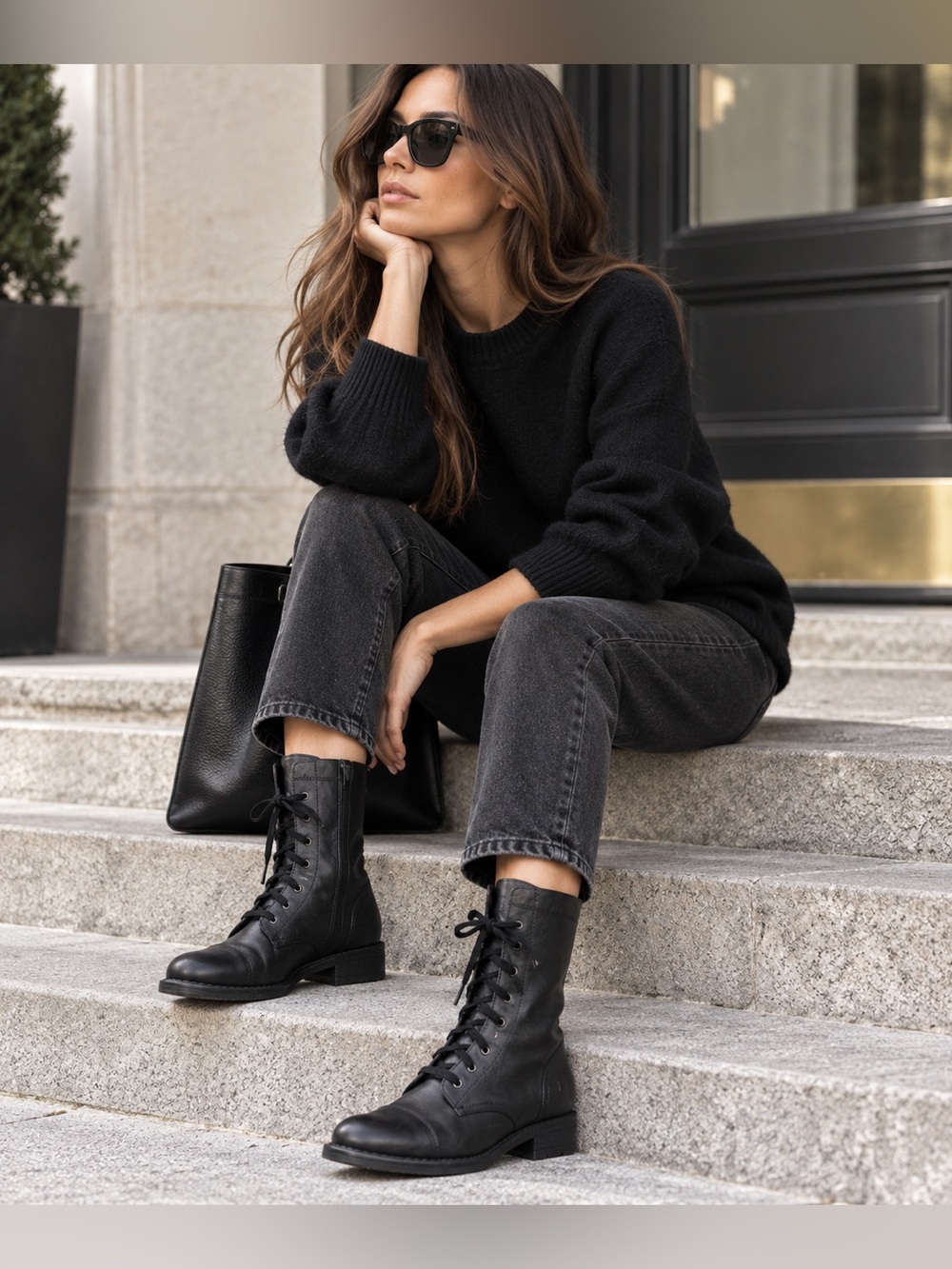 Børn Black Leather Lace Up Combat Boots Velvet Laces Women’s 9M